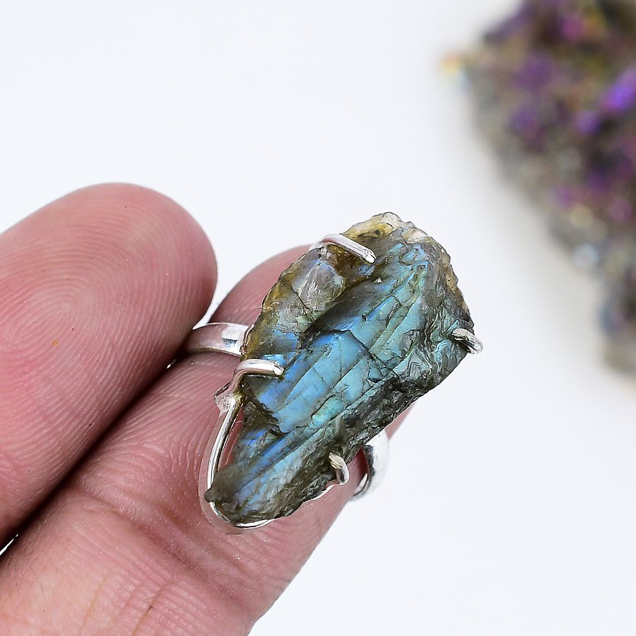 Rough Firey Labradorite 925 Silver Plated Handmade Ring Of Us Size 7