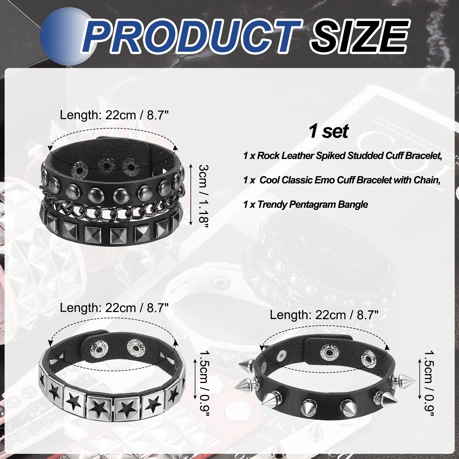 3Pcs Rock Studded Bracelet Set 8.7″/22cm Adjustable Bracelets Black