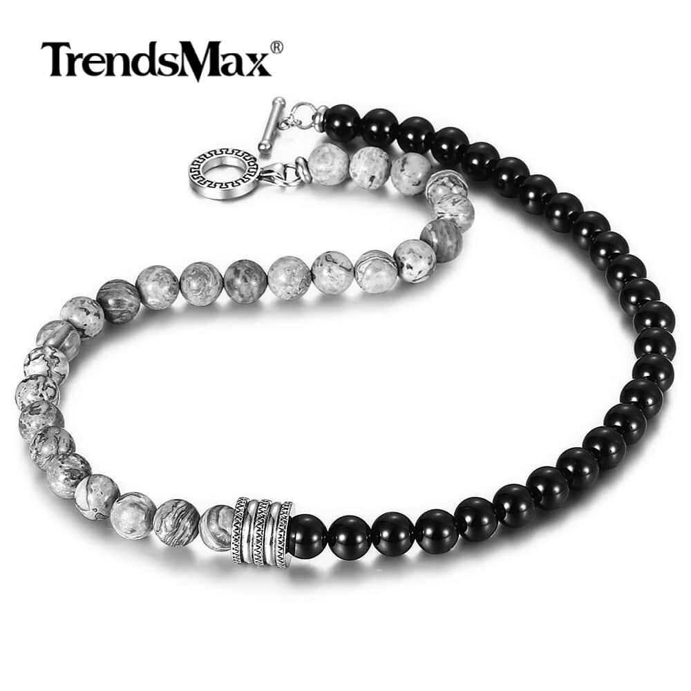 8mm 20″ Natural Grey Jasper Map Stone Black Glass Beaded Necklace Choker Gift