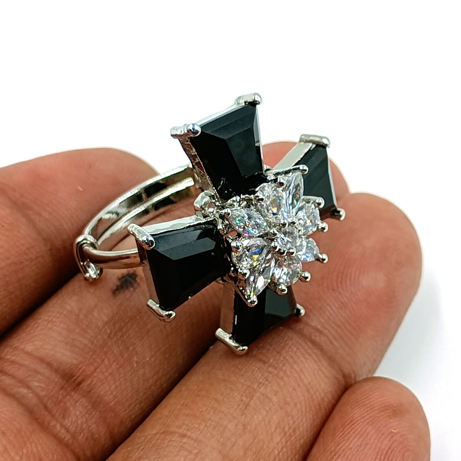 Black Stone CZ Cross Ring White Plated Adjustable Band Gothic Statement Jewelry