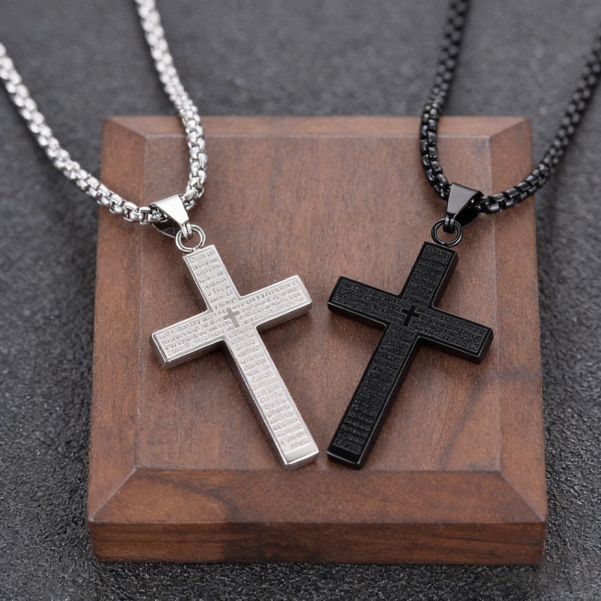 Unisex Stainless Steel Engraved Cross Pendant Faith Religious Wearable Necklace