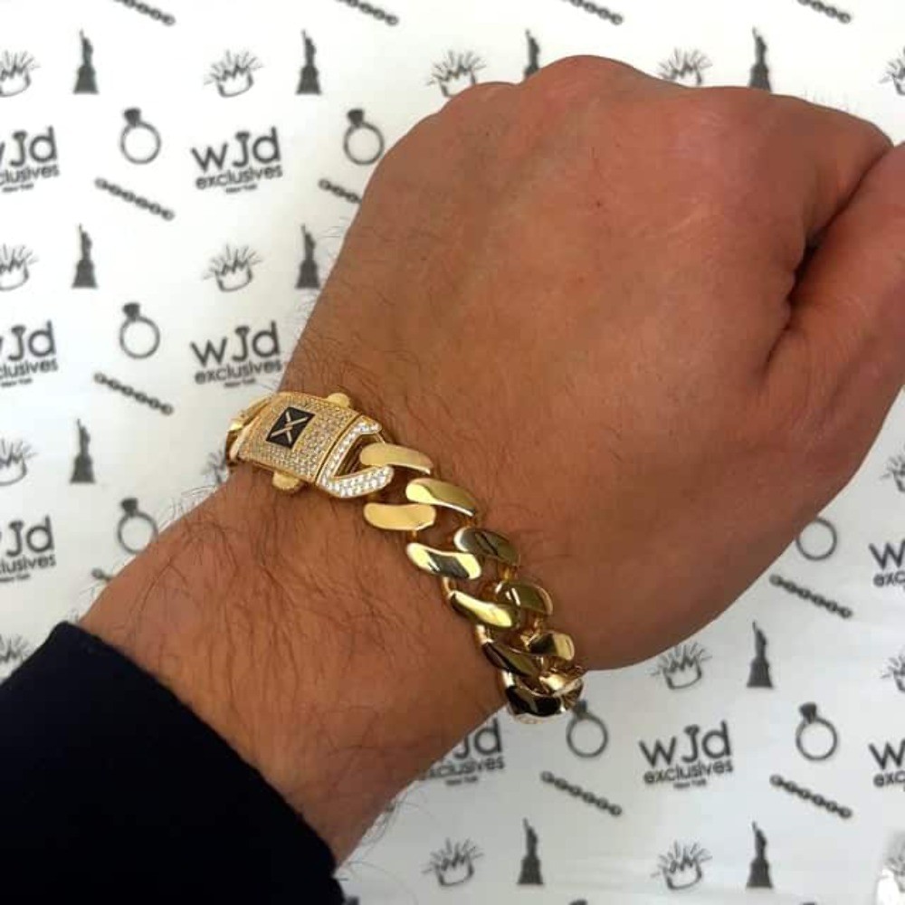 10K Gold Yellow 13mm Hollow Miami CZ Pave Box Clasp Bracelet 8.5″