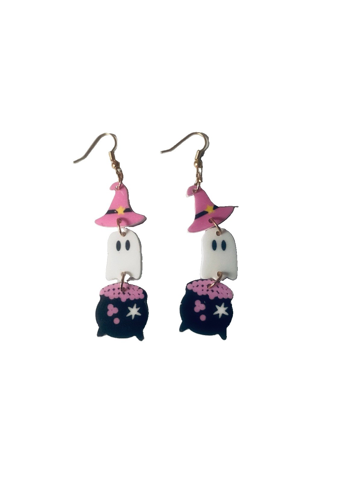Halloween White Ghost Earrings Featuring Pink Witch Hat And A Black Caldron