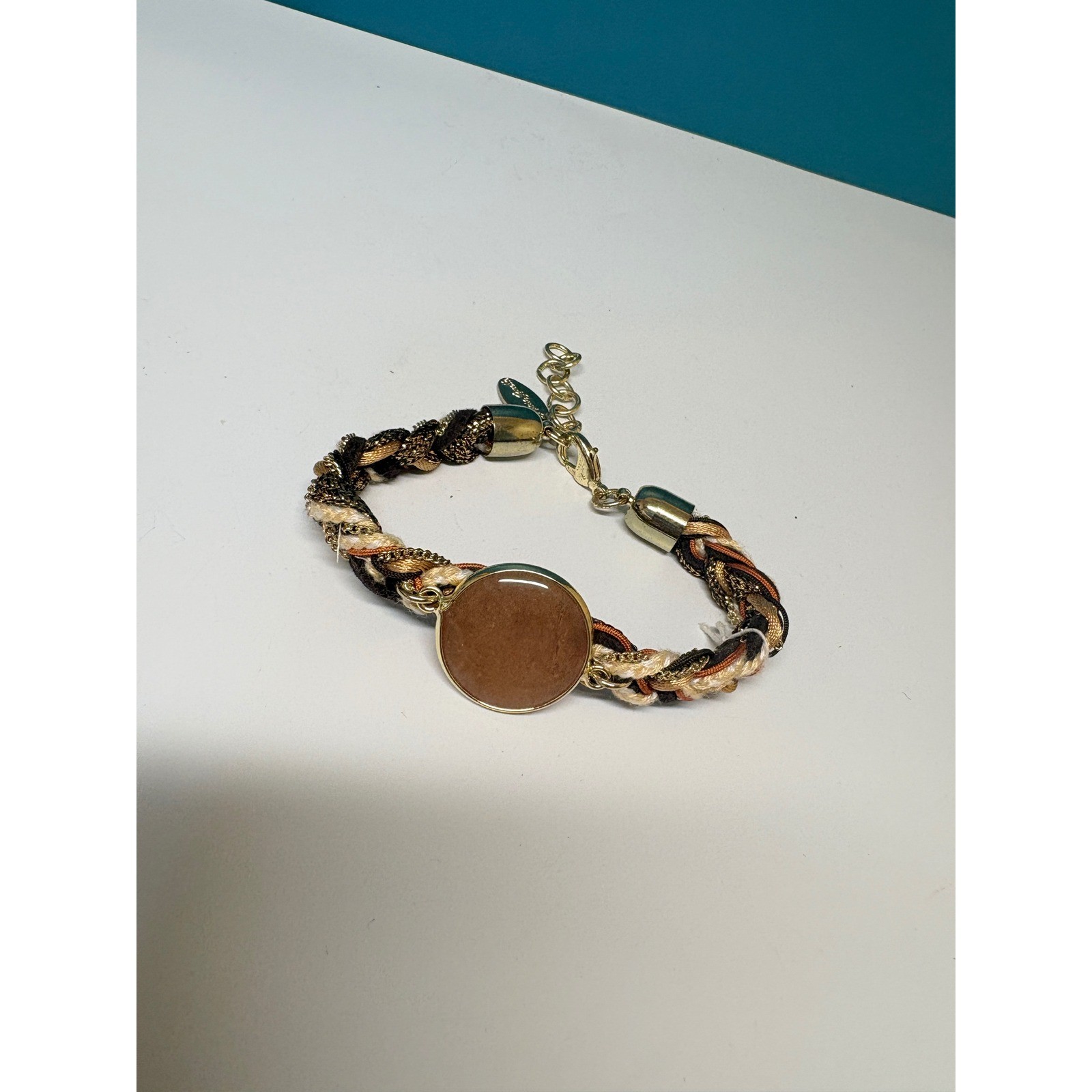 Laura Janelle Braided Cord Bracelet Gold Brown Cream Cabochon Adjustable Boho