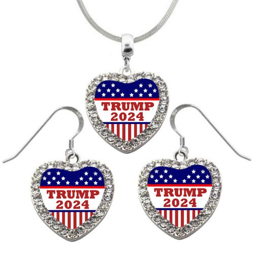 Trump 2024 Heart Rhinestone Heart Necklace or Earings or Set on 925 Snake Chain