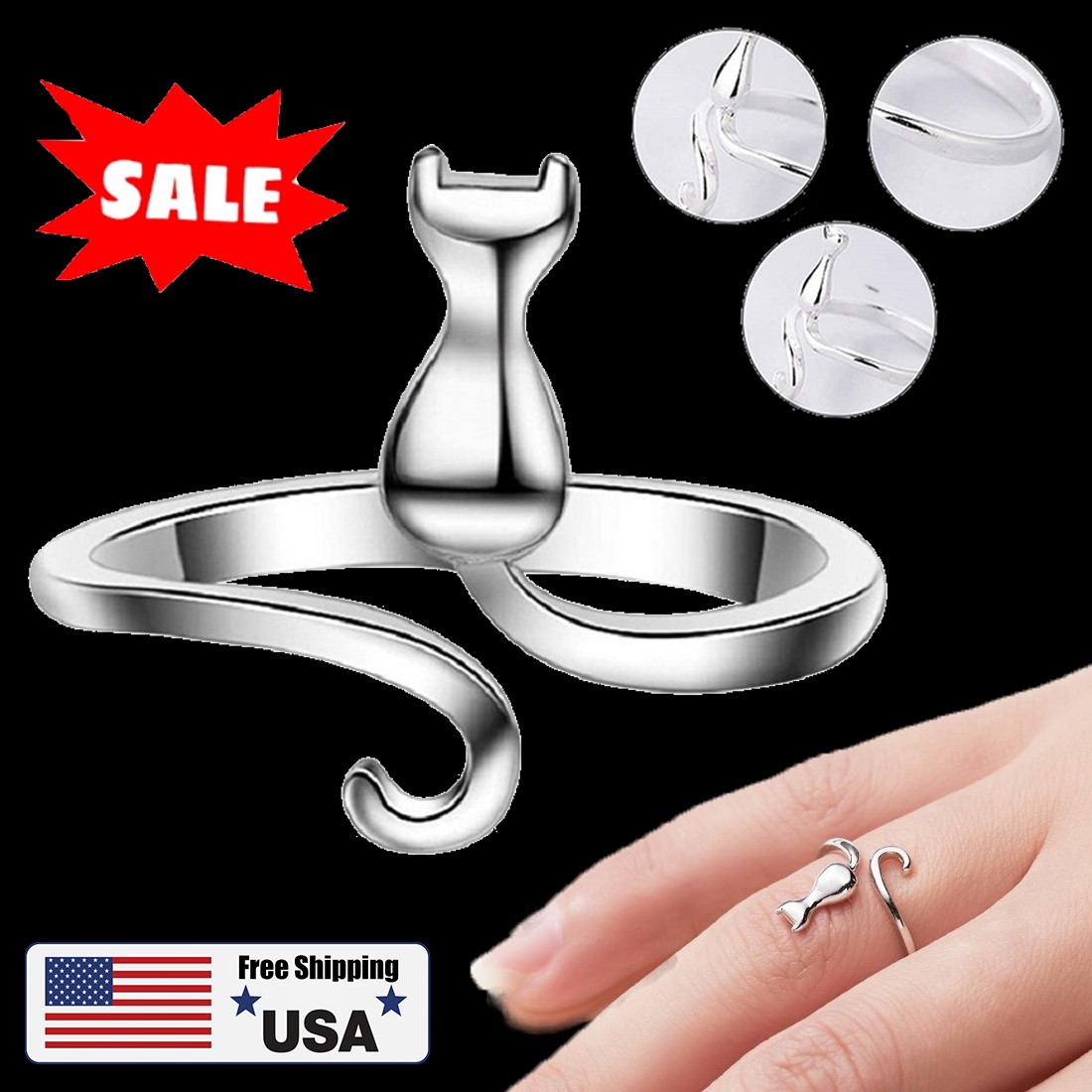 Cute Cat Sterling Silver Engagement Open Toe Rings Pet Lovers Dainty Adjustable