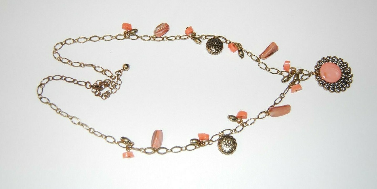 Gold Toned Metal Chain With Peach Color Stones & Charms Statement Long Necklace