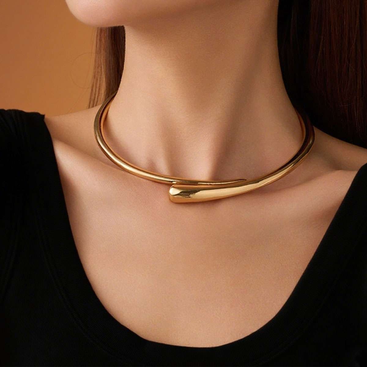 Chunky Gold Plated Metal Collar Necklace | Sculptural Statement Jewelry Ladies