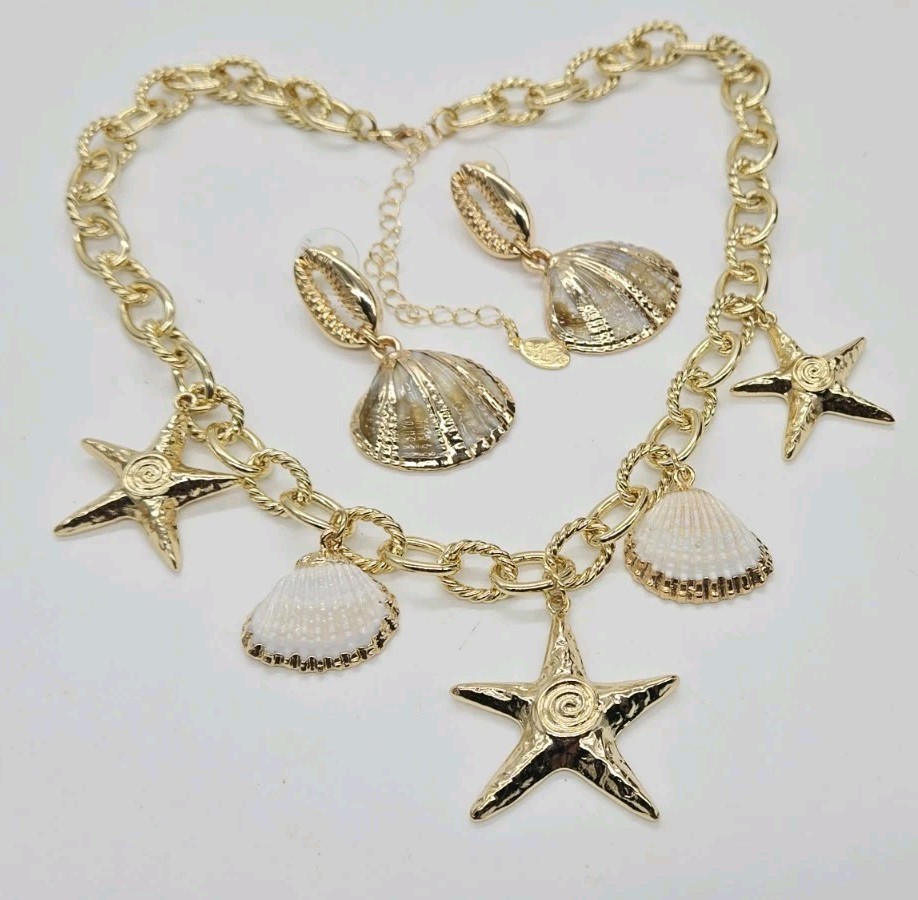 KIRKS FOLLY Starfish Charm Necklace and Beach Shell Earring 2pc Set Gold tone