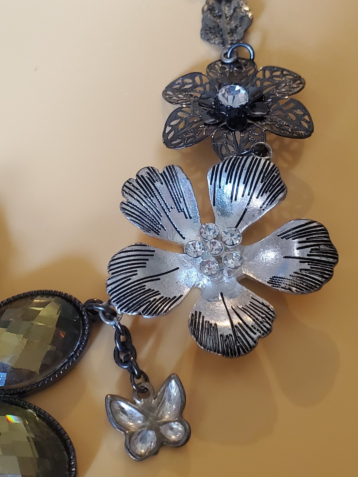 Park Lane Statement Necklace Crystal Pearl Flowers Leaves Butterfly Black Chain