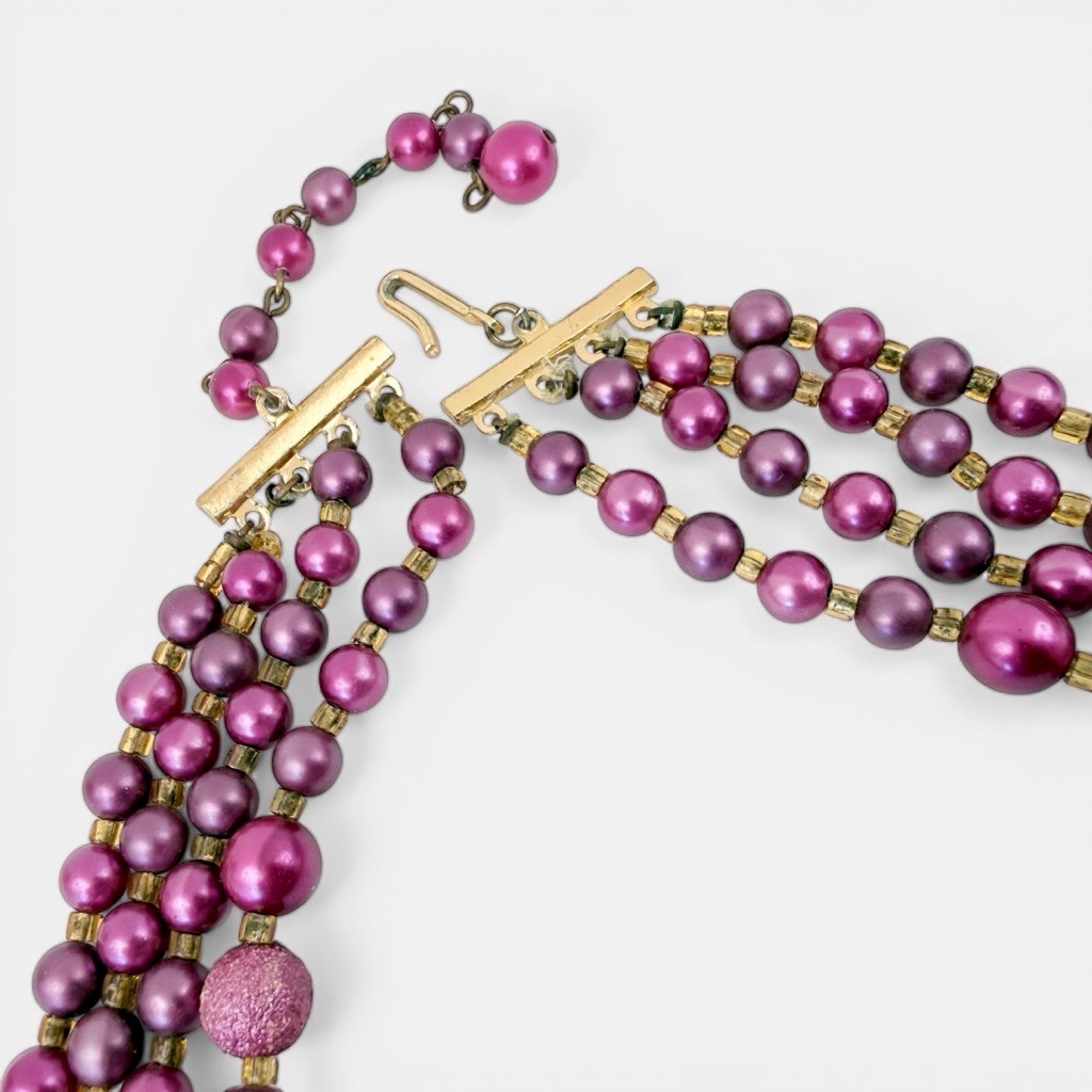 Vintage 1950s Pink Multi Strand Faux Pearl Necklace Red Aurora Borealis Beads