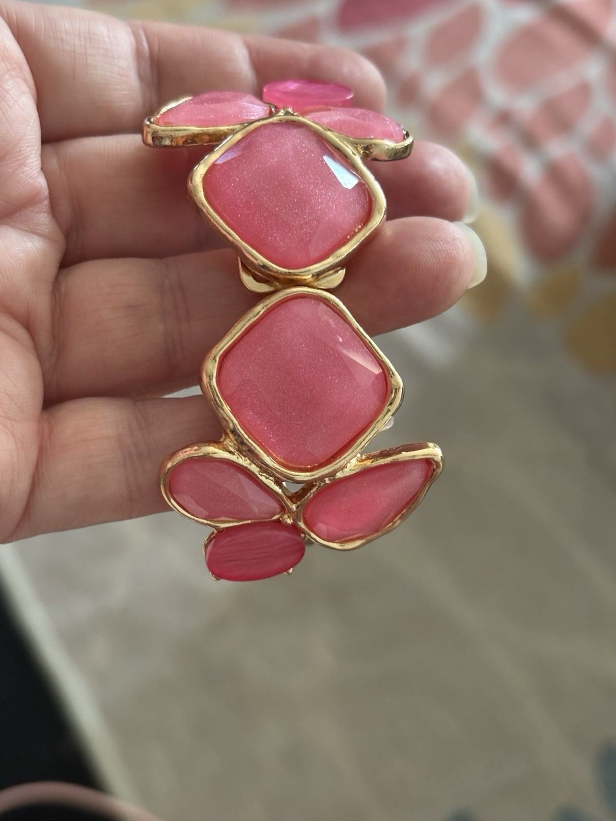 Gold Tone Pink Cushion Bezel Set Bangle Bracelet Hinged Less Than 8 in