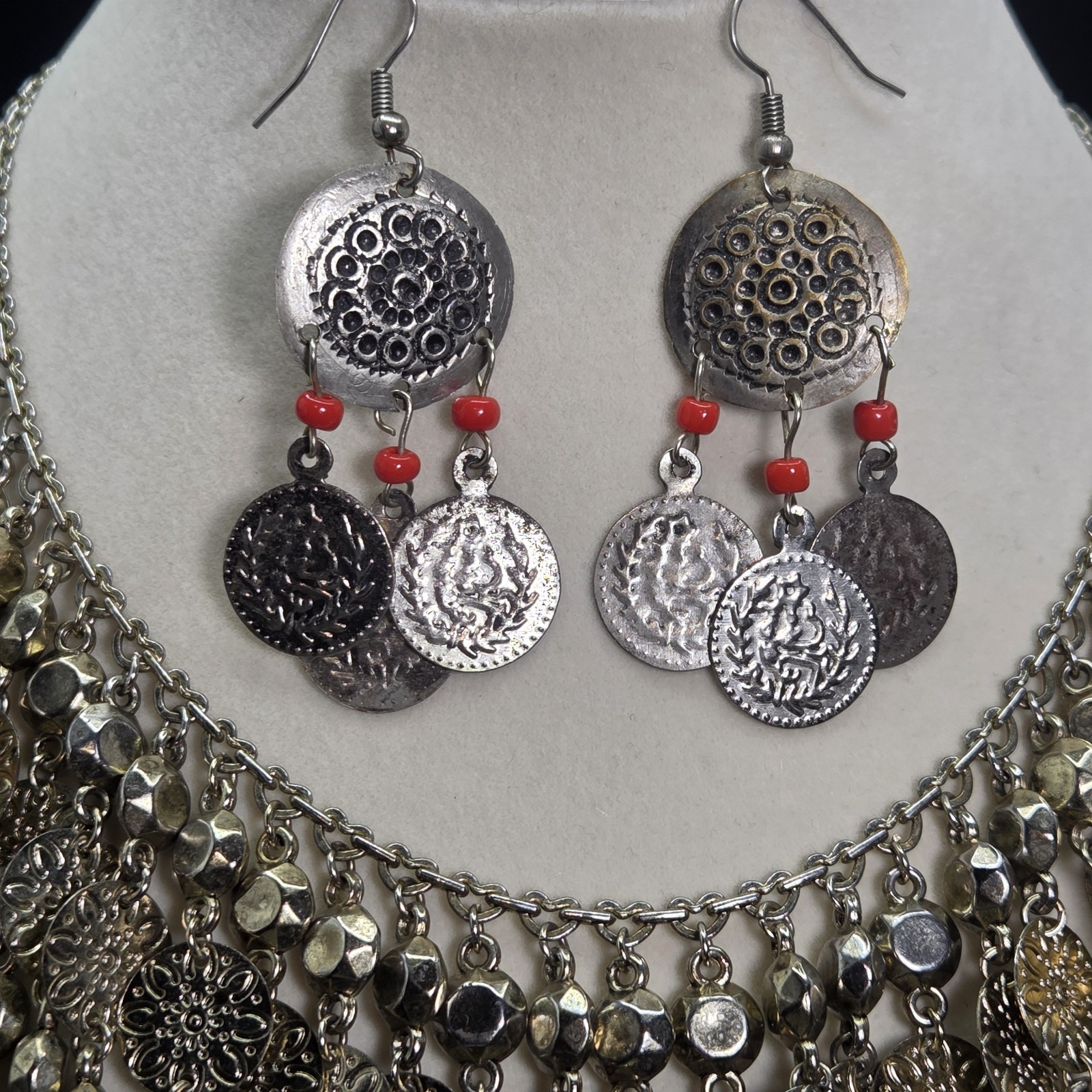 Dangling Coin Choker Bib Collar Silver Tone Metal Egyptian Necklace and Earrings