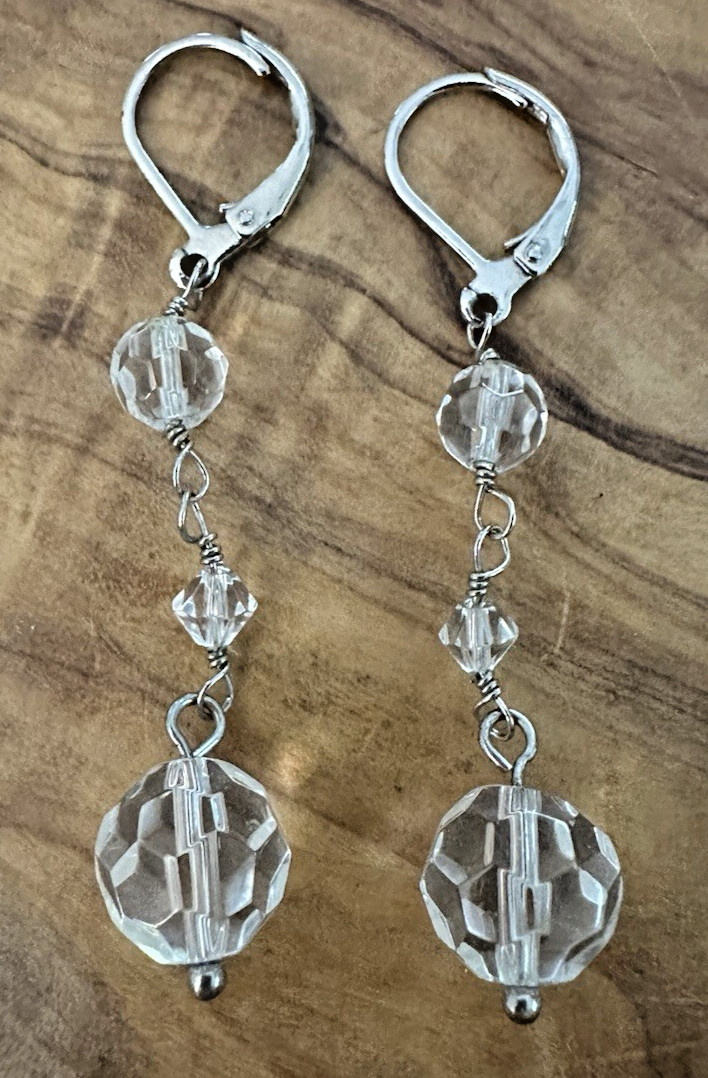 Sparkling Crystal Beaded Triple Drop Earrings – Silver Tone Leverback Dangle