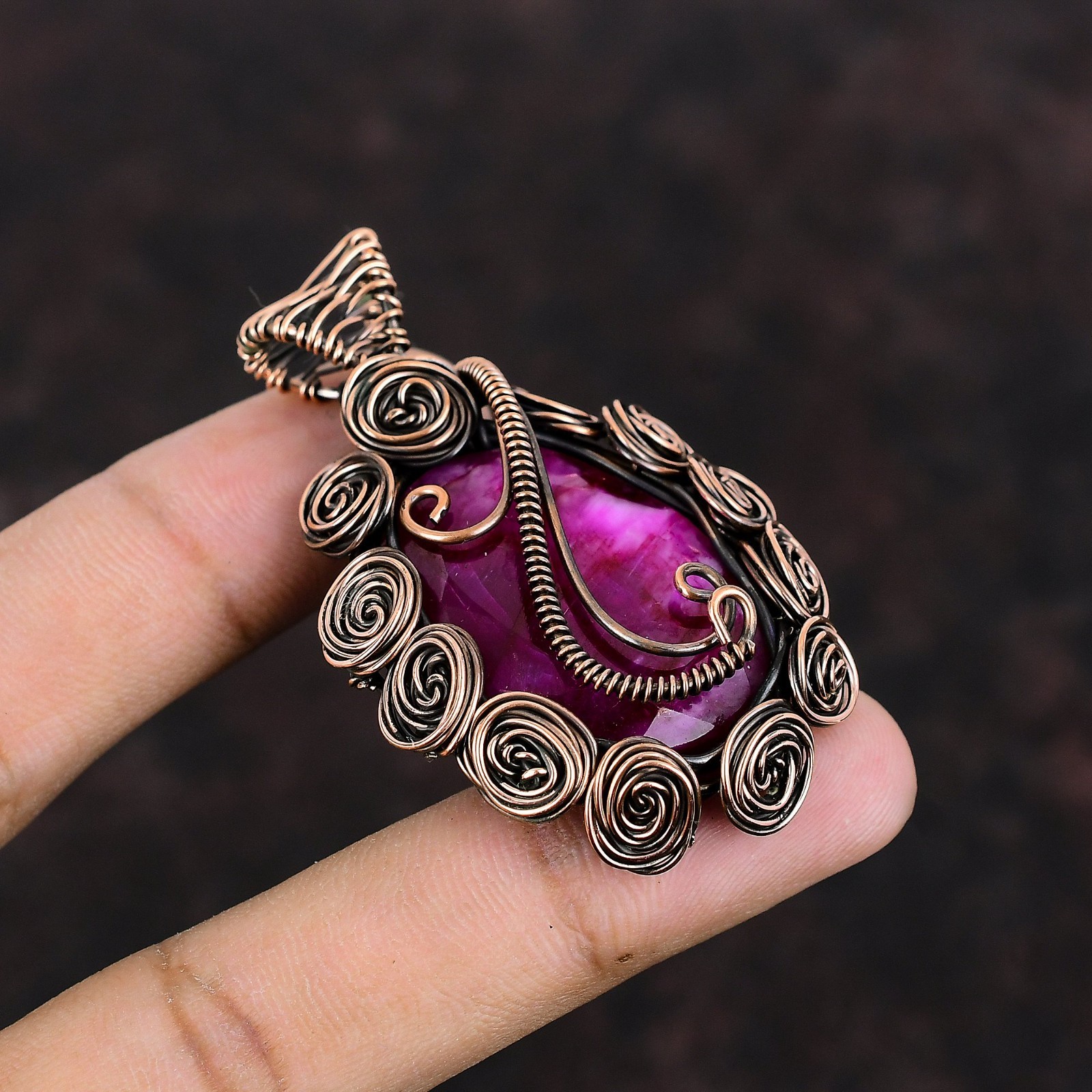 Sisters Day Deal Kashmir Rubi Stone Wire Wrapped Flower Pendant Jewelry Copper