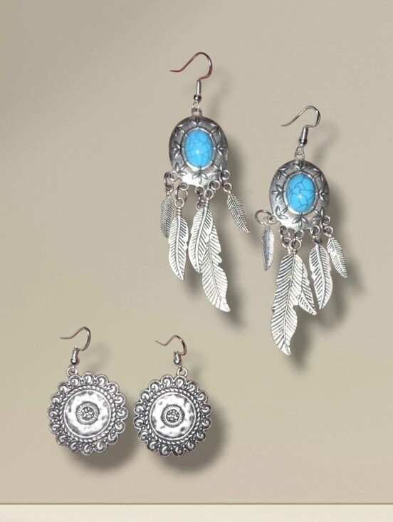 Silvertone Medallion Or Feather Drop Earrings lot of 2