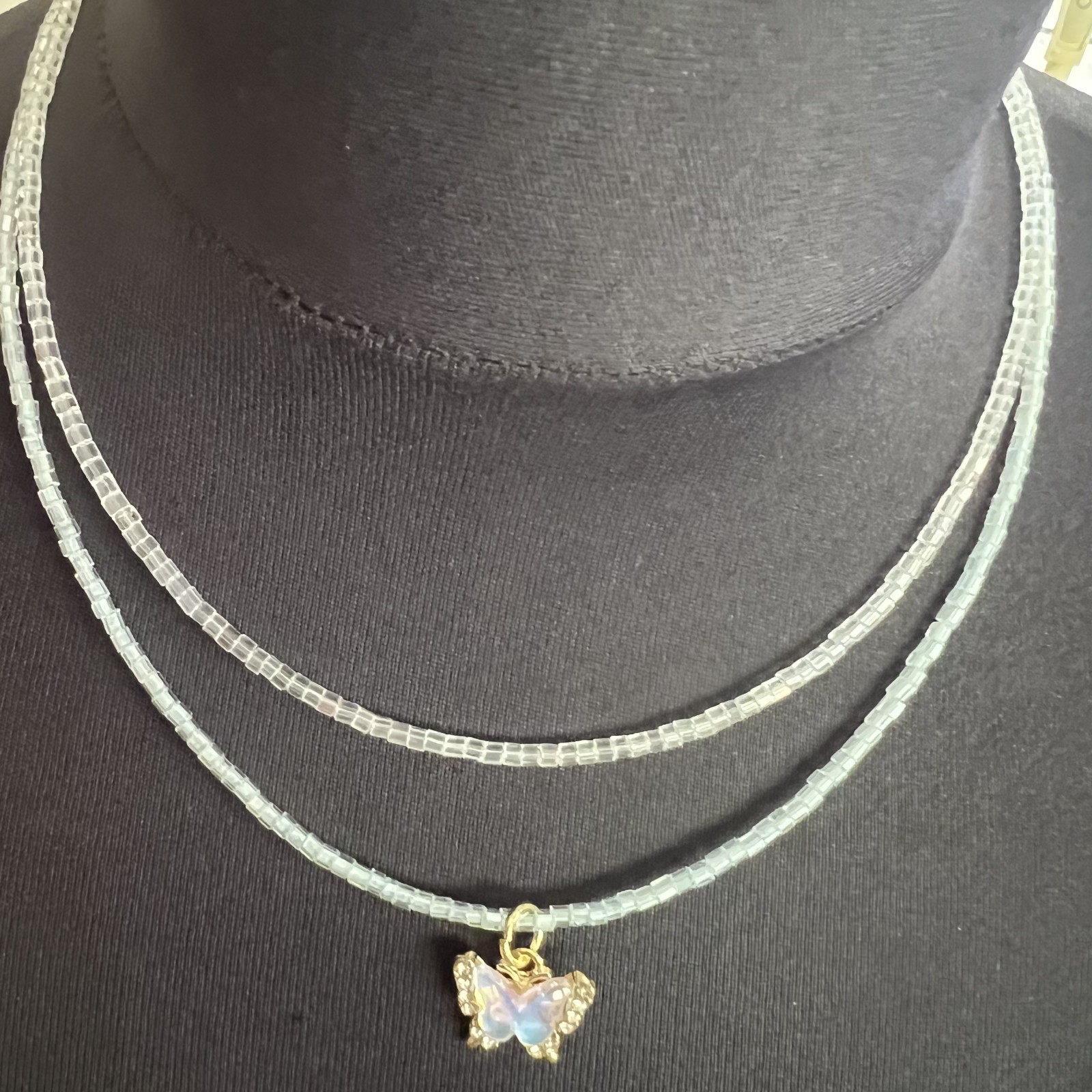 Handmade clear cube bead layered necklace choker gold tone rhinestone butterfly
