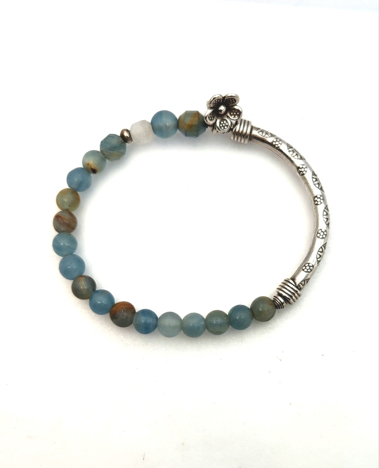 Sterling Silver Bar Stone Bead Bracelet Blue Brown Bangle Stretch Flower Sun 925