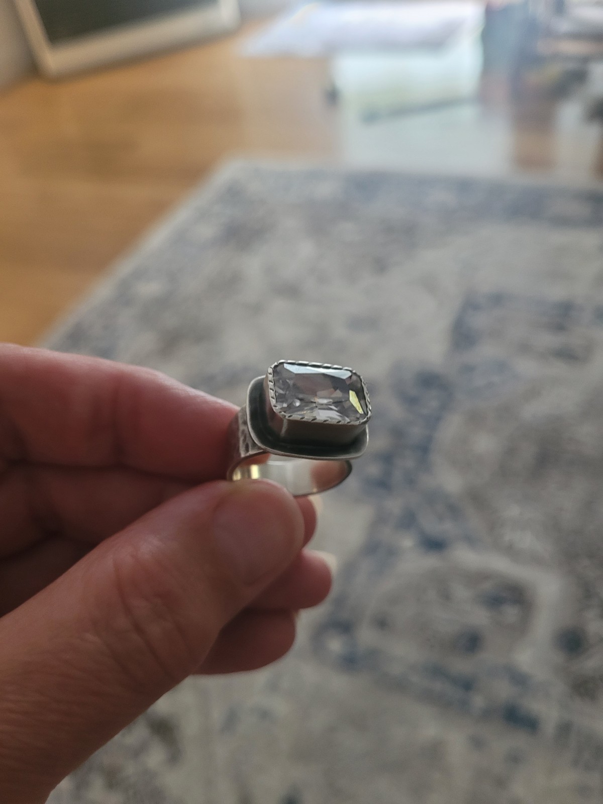 Silpada Silver Ring Size 7 Bezel Set Large CZ, Hammered Band