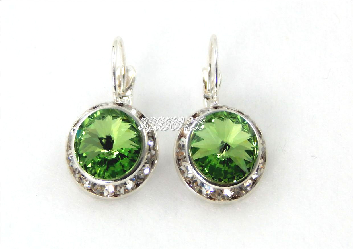 AUSTRIAN CRYSTAL ELEMENTS-10MM CRYSTAL PERIDOT GRN- SIL.PLT. LEVER-BACK EARRINGS