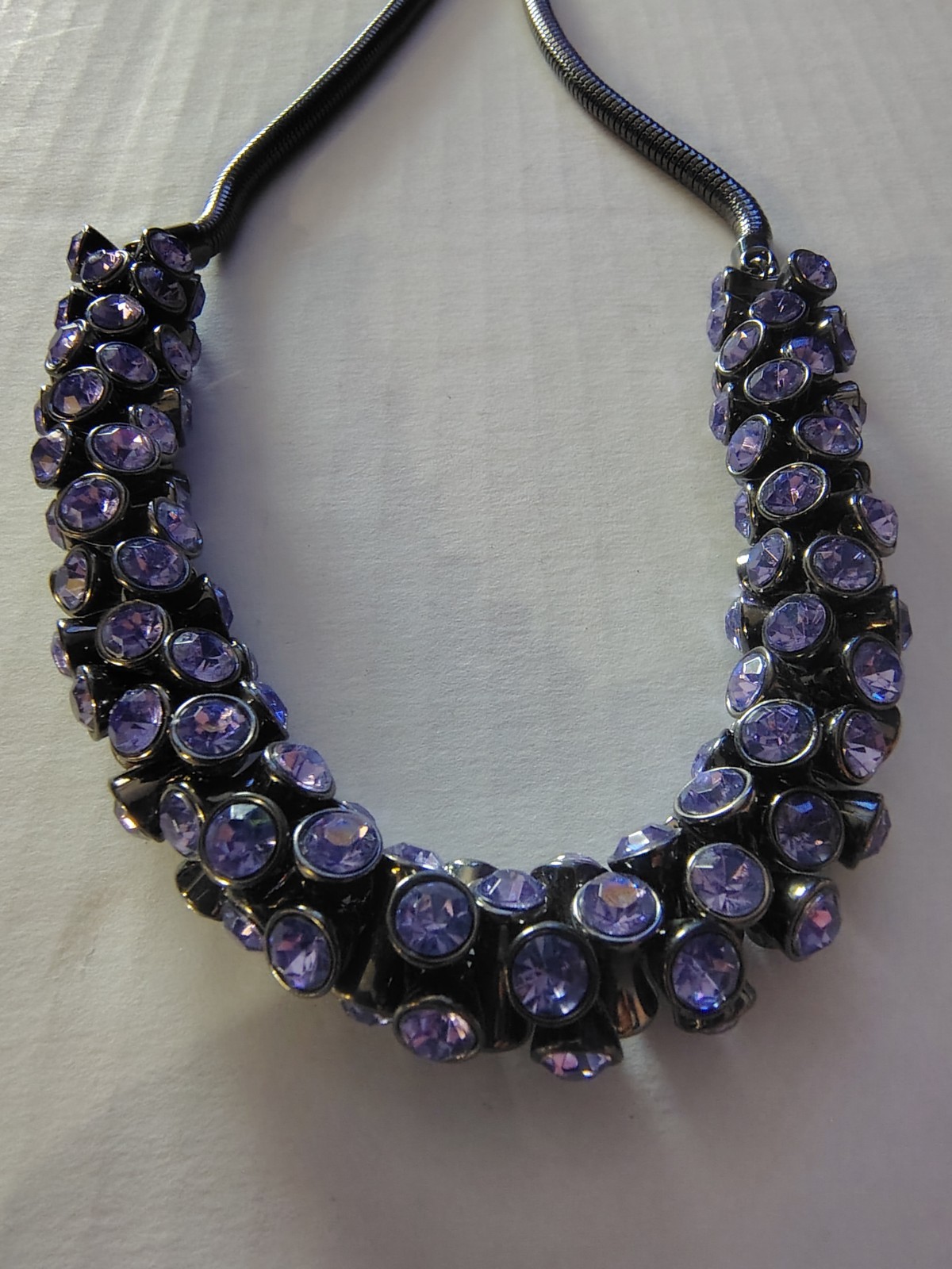 Chicos Purple Rhinestone Crystal Statement Bib Necklace Adjustable Bolo Tassel