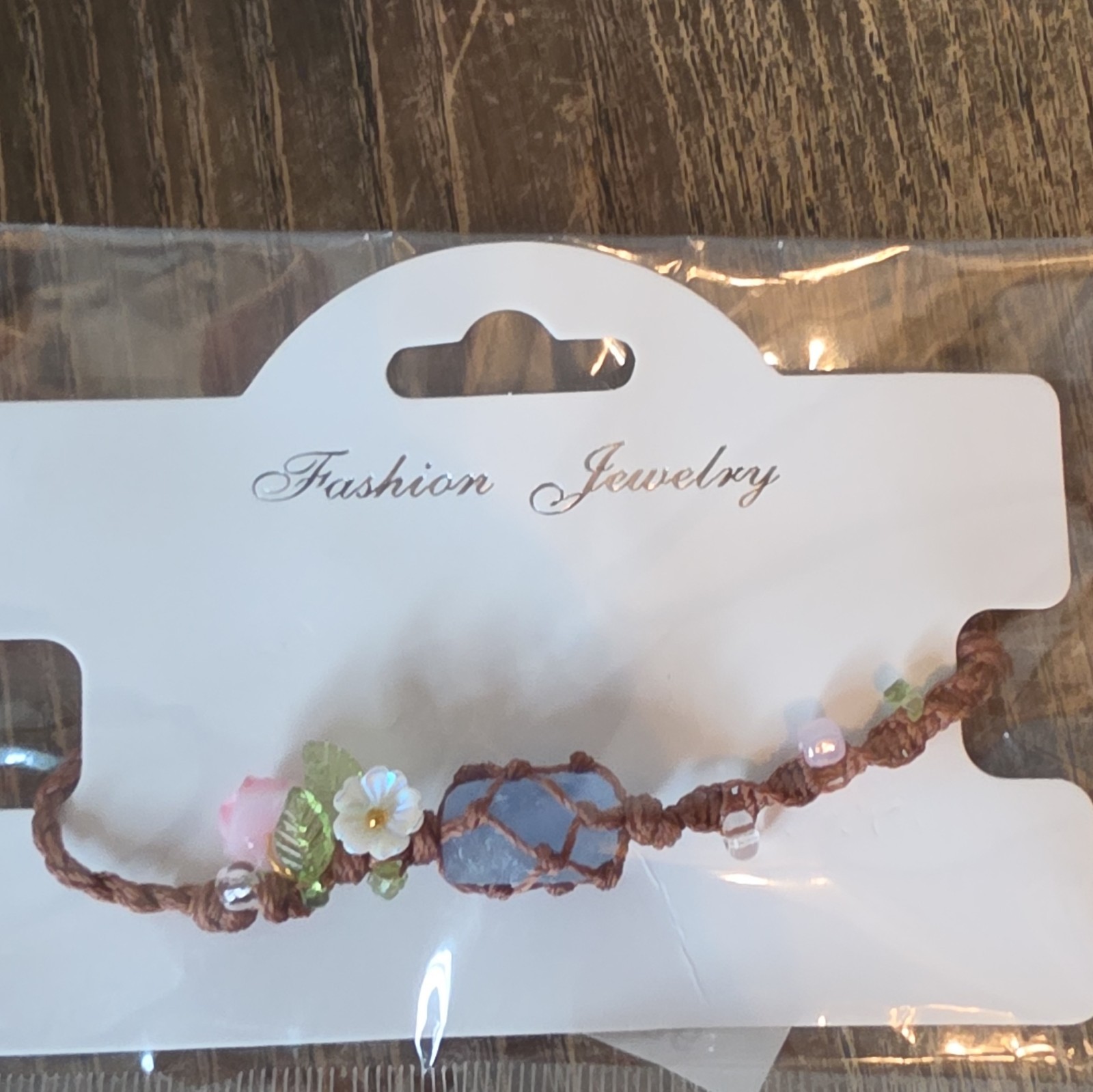 Fashion Jewelry Adjustable Cord Beaded Bracelet, Blue Round Stone Brown/Blue