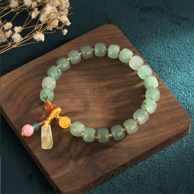 Green Jade Citrine Round Beads Charm Bracelet Healing Chain Dainty Gemstone