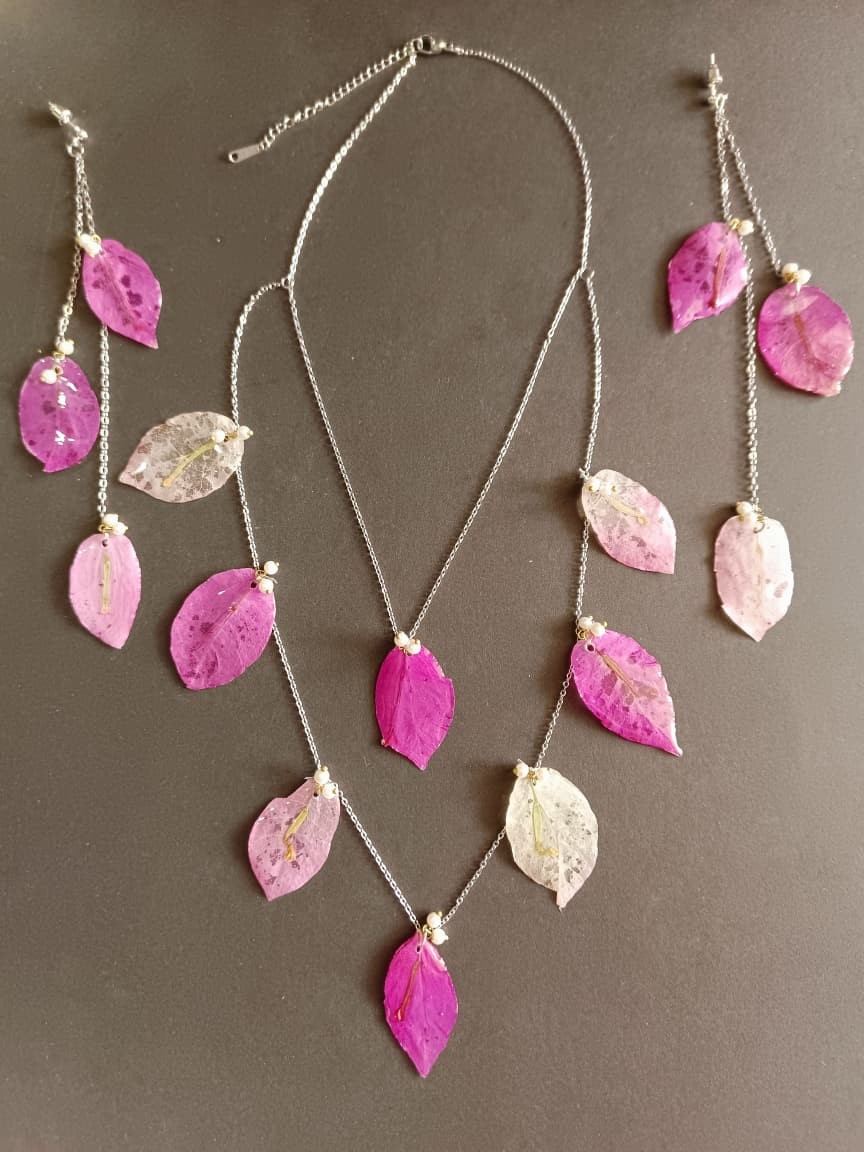 Real Bougainvillea Pink Leaf Necklace Earrings Set Handmade Resin Jewelry Gift