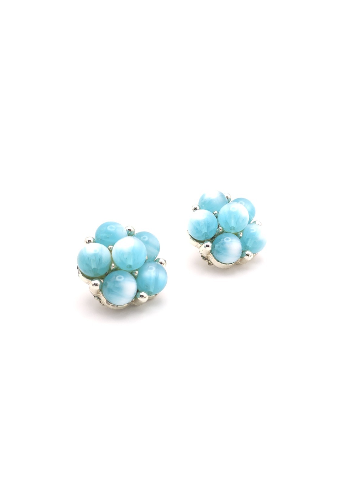 Vintage Lisner Blue Moonglow Round Bead Cluster Silver Tone Clip-On Earrings