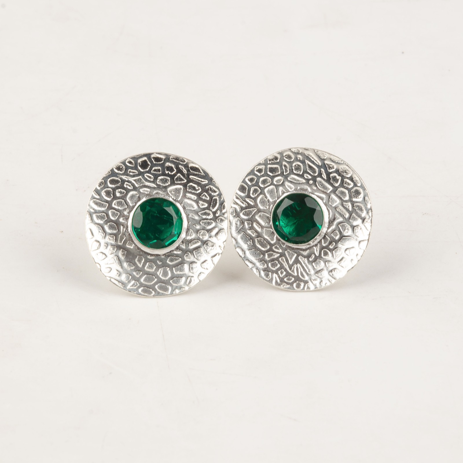 Emerald Gemstone Stud Earrings Sterling Silver Handmade Boho Jewelry 0.89″ Gifts