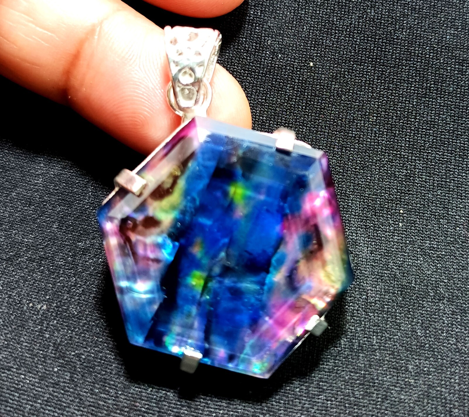 Certified 65.95 Ct Natural Ammolite 925 Solid Silver Hexagon Pendant Gemstone