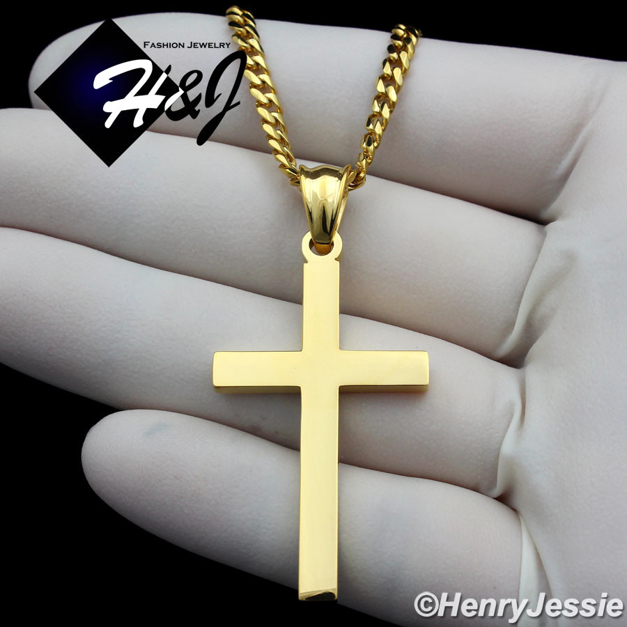 18-36″Stainless Steel 3mm Gold Plated Cuban Curb Chain Plain Cross Pendant*GP
