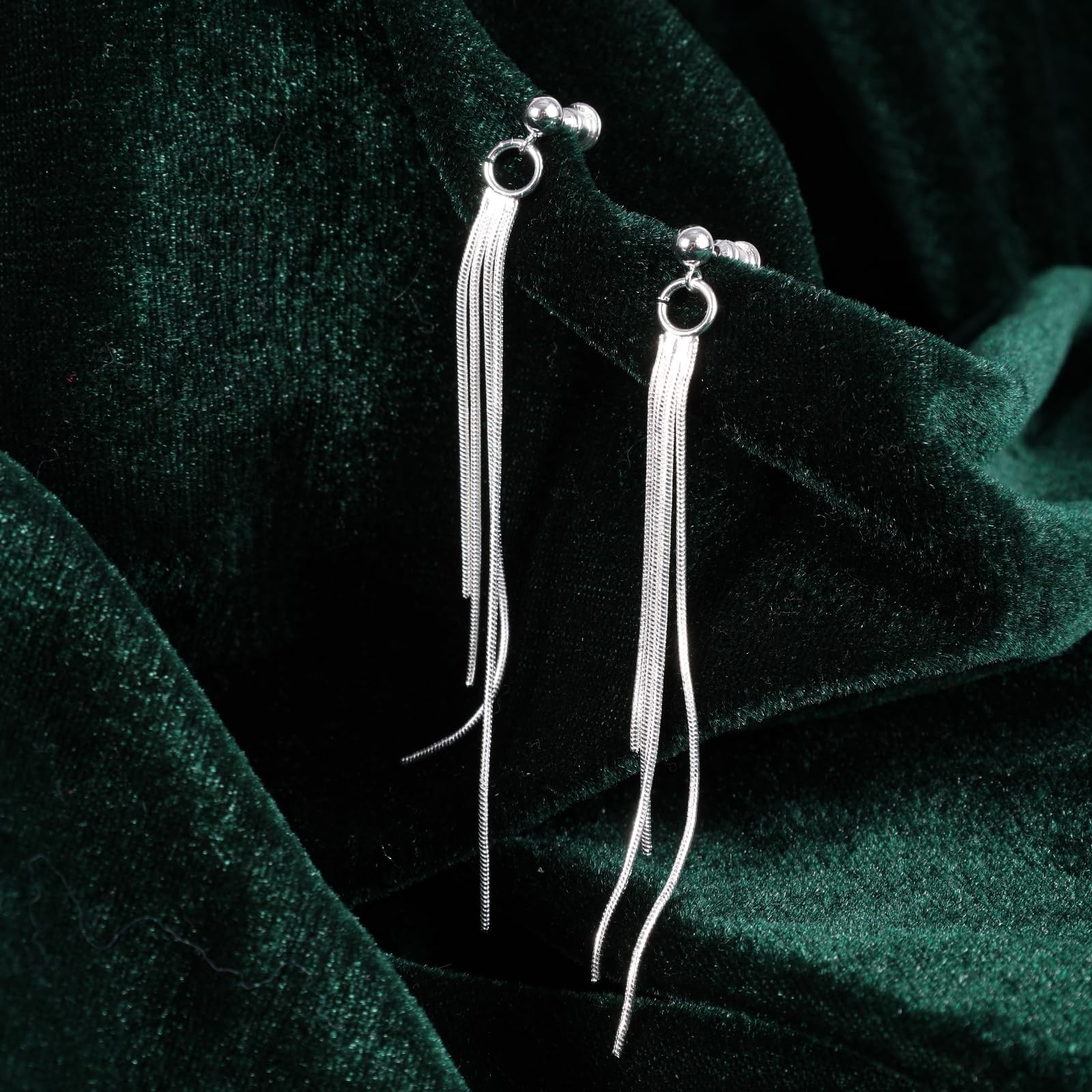 Long Tassel Drop Chain Earrings, Elegant Threader Medium, Silver