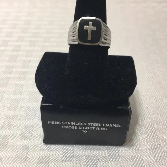 Men’s Stainless Steel Enamel CROSS SIGNET Ring Size 10 NIB ~ FAST SHIP NEXT DAY!