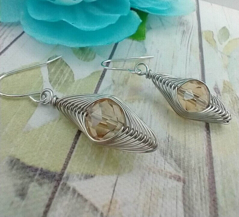 Rondelle Shaped Wire Braided Silver Artisan Crystal Earrings, Beige Glass