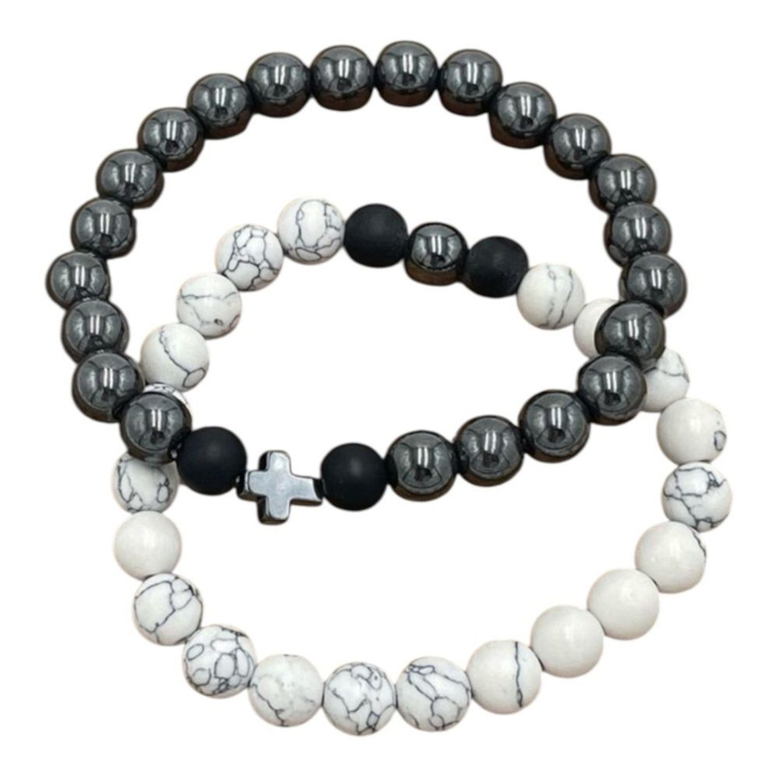 Set of Two Elastic Hematite and Howlite Bracelets with Black Matte…