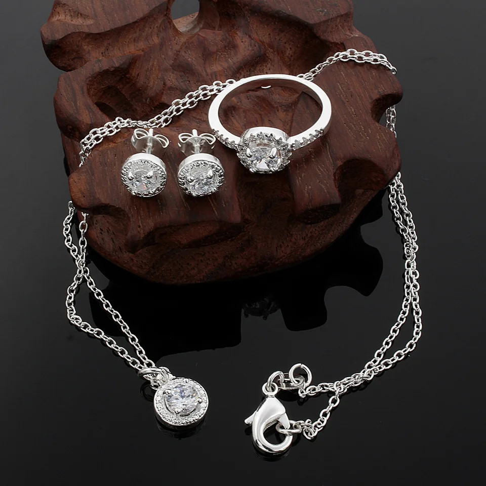 925 Sterling Silver Jewelry Set Women Crystal Necklace Earrings Ring 3PCS
