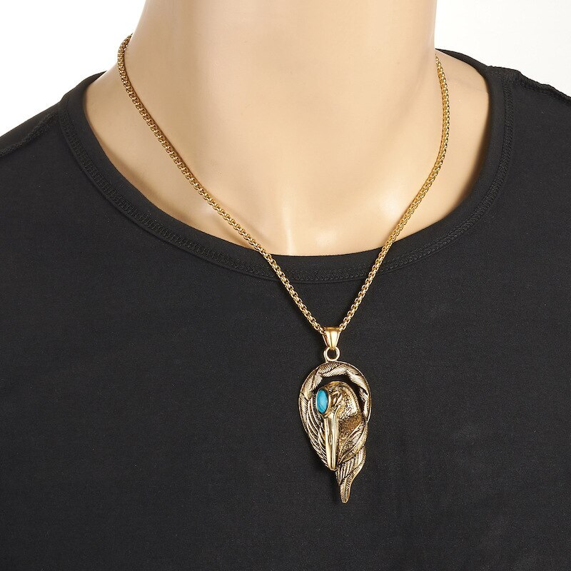 Turquoise Creative Stainless Steel Punk Crane Red Crowned Crane Pendant Necklace