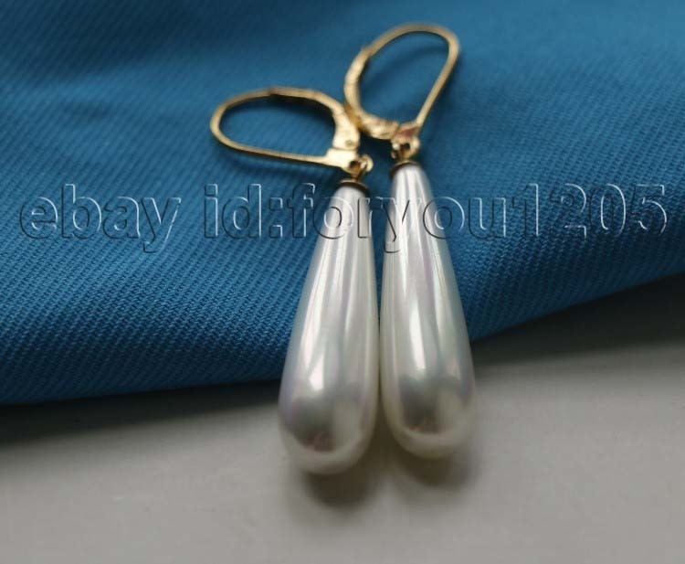 Natural 8.5x30mm White Drip Shell Pearl Earrings Dangle 14k #f3369!