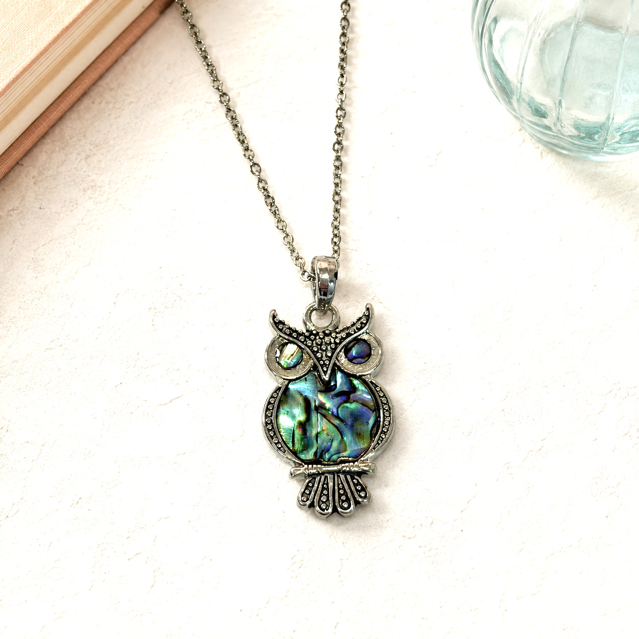 Cute Iridescent Abalone Shell Owl Pendant Necklace With Hinged Box