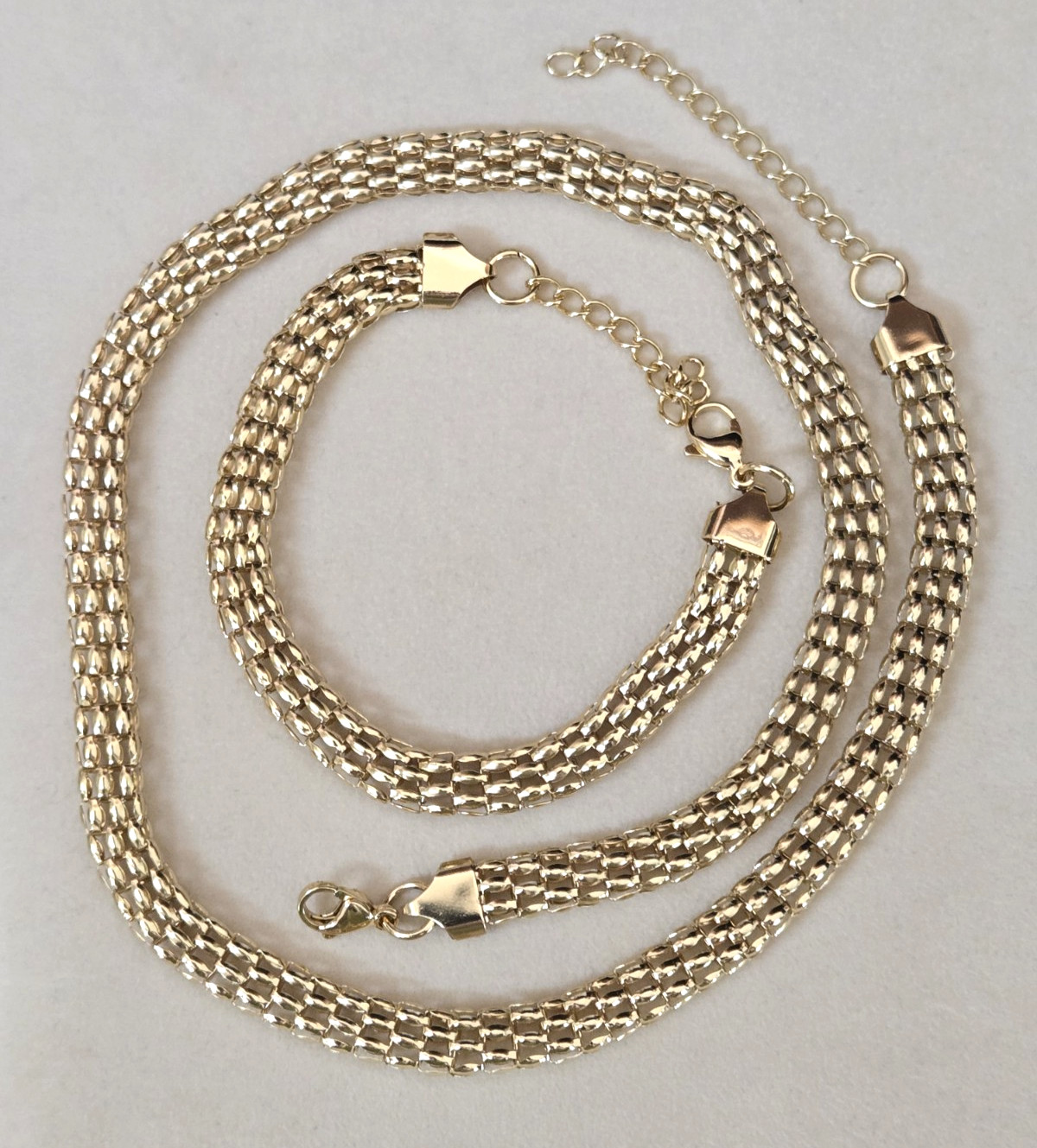 Fancy Puffed Link Necklace & Bracelet Set in YG ION Plated Titanium? Steel
