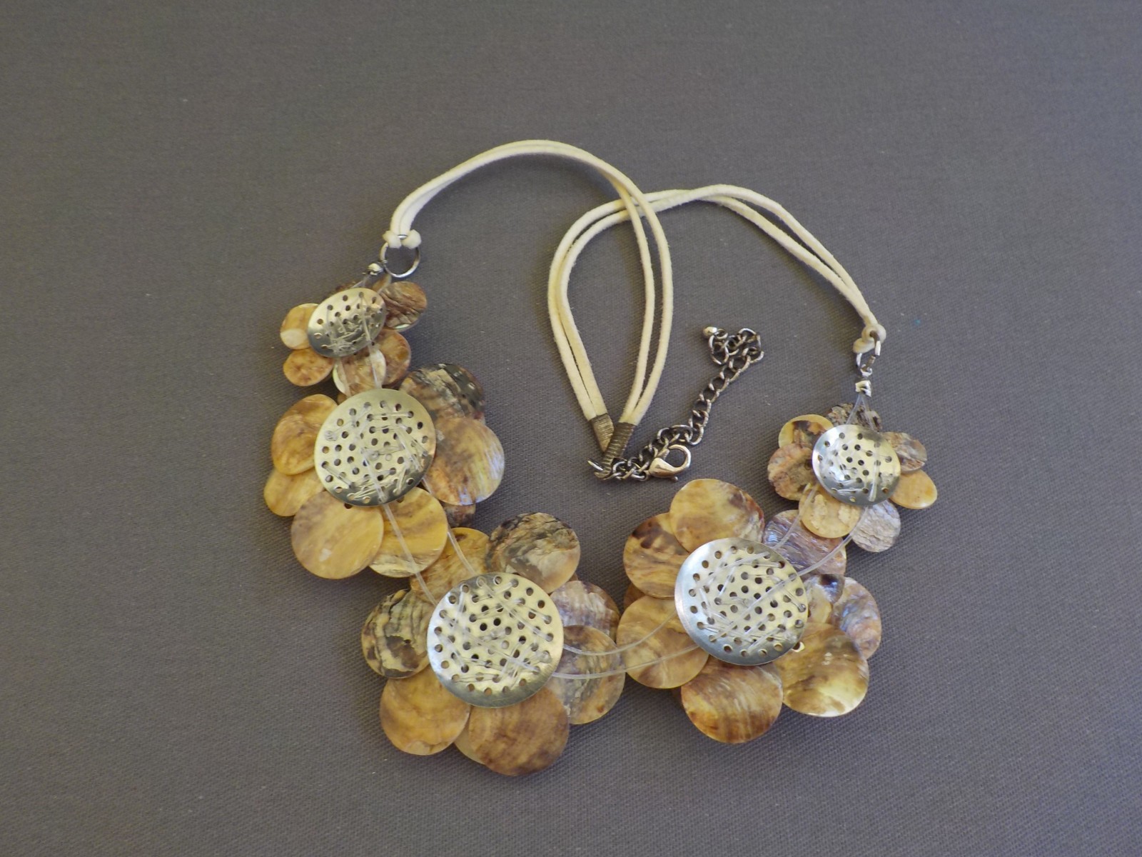 Flower Shell Necklace Bead Plastic Cord Metal Layered Petals Floral Handmade