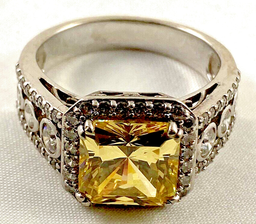EPIPHANY Sterling Silver Canary Yellow Square Halo Ring Size 8