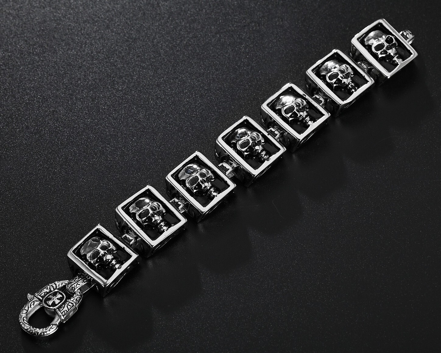 Biker Punk Rocker Square Skull Stainless teel Bracelet Halloween 8.5″ US Seller