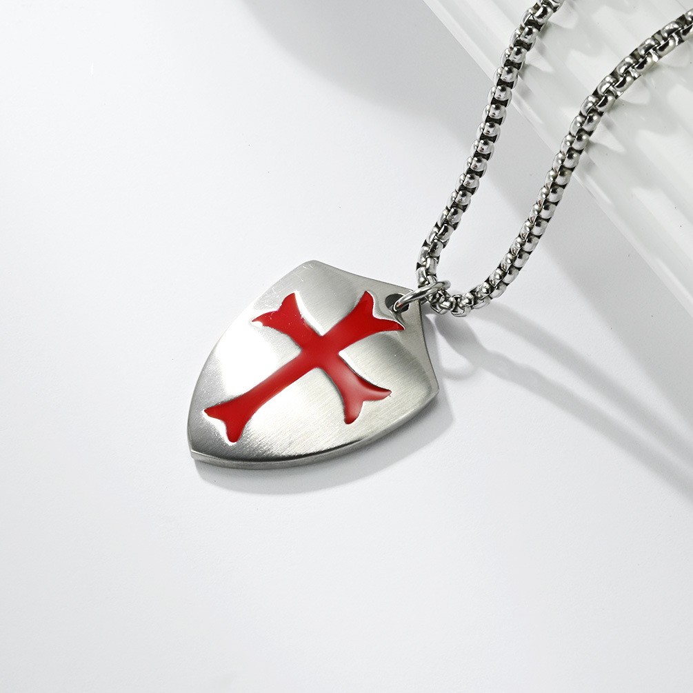 Stainless Steel Crusader Knights Templar Cross Shield Pendant Necklace For Men