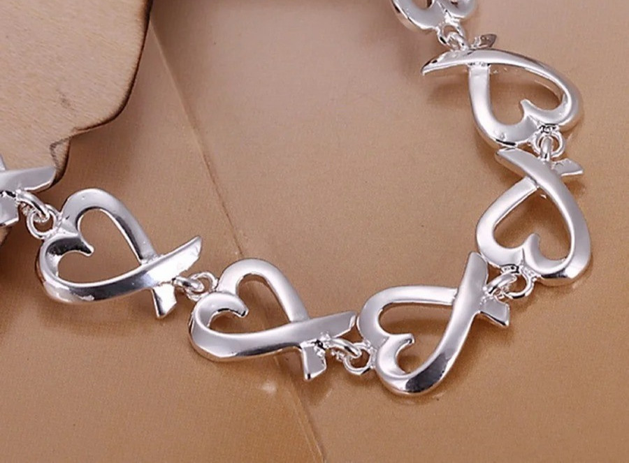 925 Sterling Silver Charm Heart Thick Chain Women Bracelet Fashion Jewelry