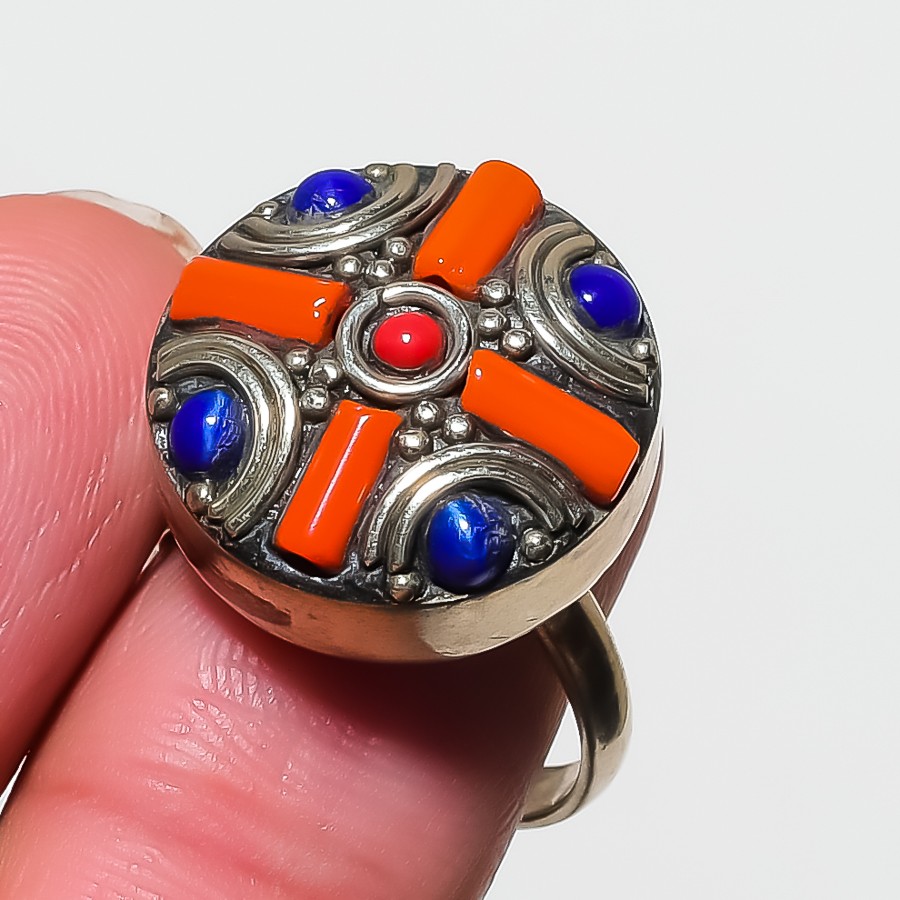 Red Coral Lapis Lazuli Gemstone Adjustable Ring Tibetan Nepali Jewelry NR 3278
