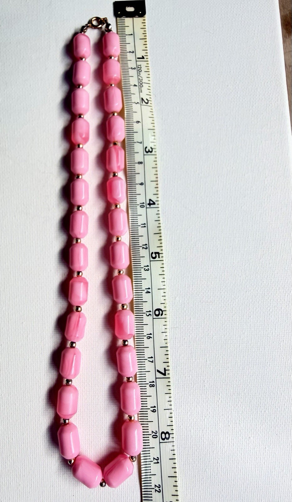 Vintage Pink Marbled Lucite Barrel Bead Necklace 22” Gold Tone Spacer Retro