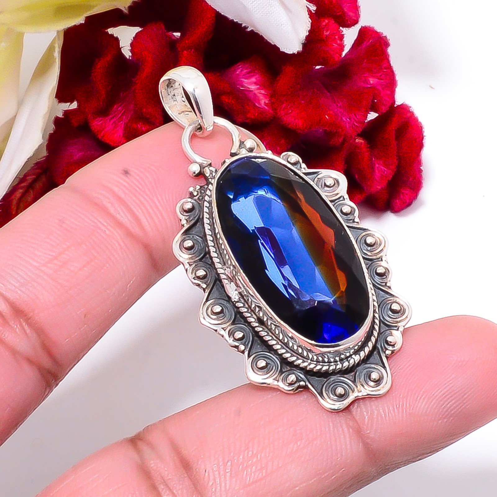 Red & Blue Bi-Colour Tourmaline 925 Sterling Silver Bali Pendant 2.03 Sku55