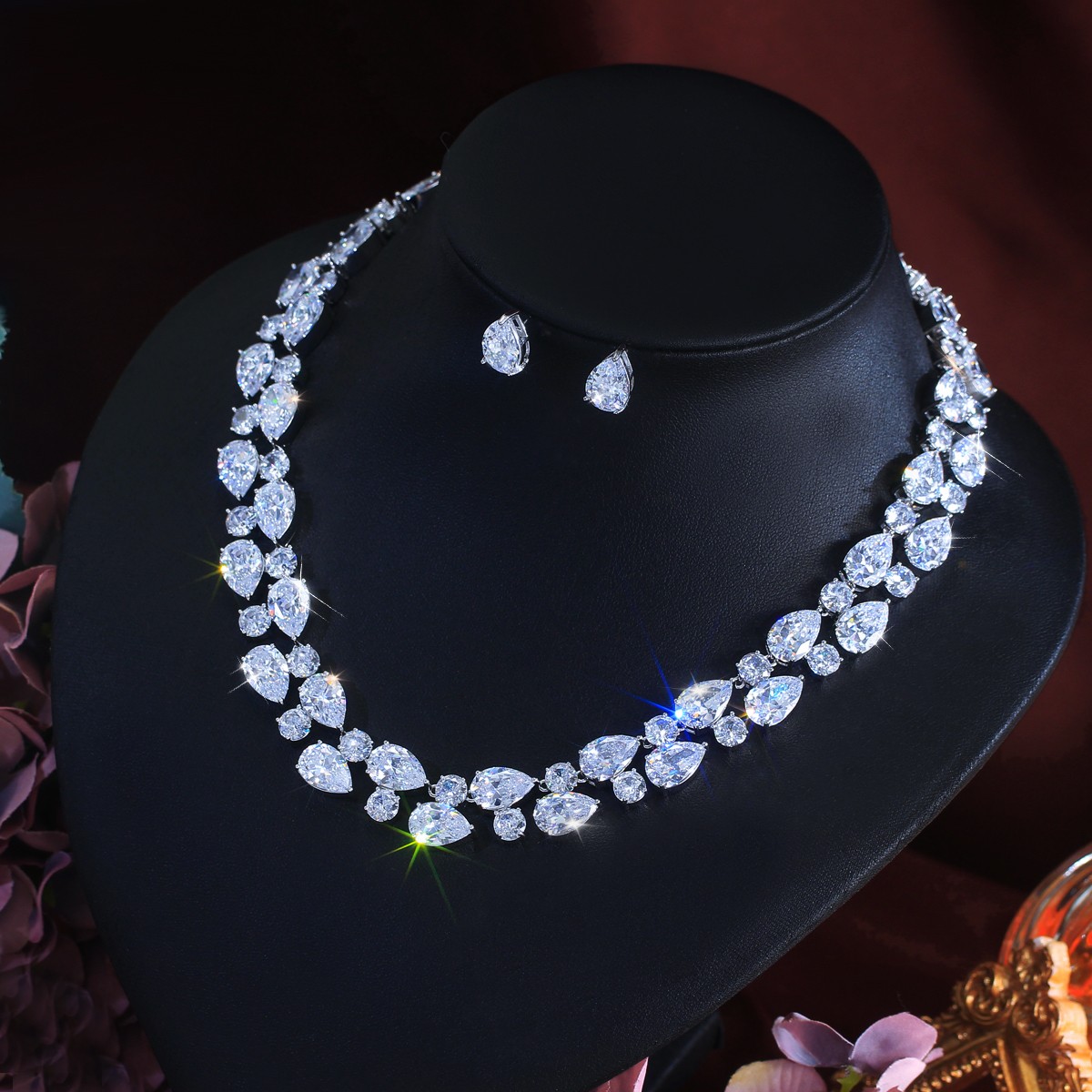 Water Drop Round Zircon Wide Necklace Earrings Silver Plated Wedding Jewelry Set